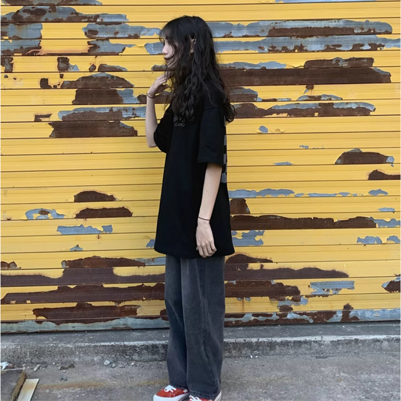American Retro Washed Black Smoke Gray Soft Jeans Women's Spring and Autumn Large Size Loose Slim Straight Leg Wide Leg Pants