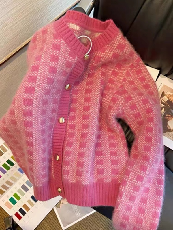 Xiaoxiangfeng gentle soft and waxy sweater cardigan jacket women's spring sweet plaid sweater top autumn