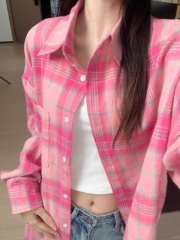 Dragon fruit-colored plaid shirt jacket for women in autumn, layered with a brushed shirt, loose and lazy long-sleeved top