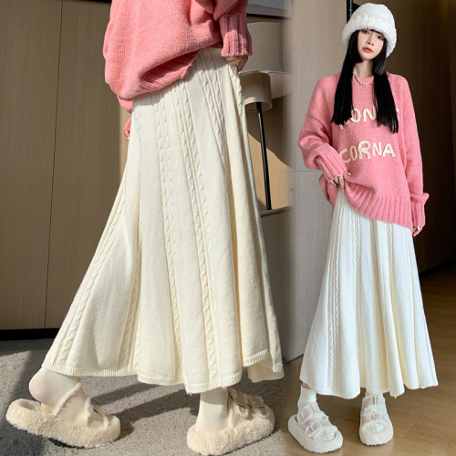 New winter mid-length retro twist knitted skirt for women high-waist slim slimming A-line umbrella skirt