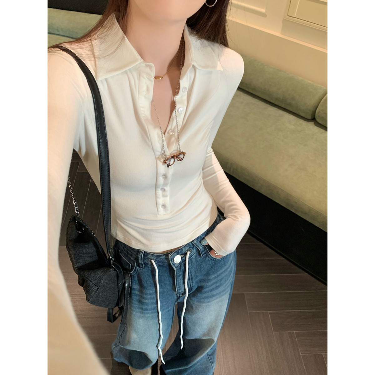 實拍 秋冬韓版修身紐扣polo領簡約羊絨抓毛長袖內搭T恤上衣女