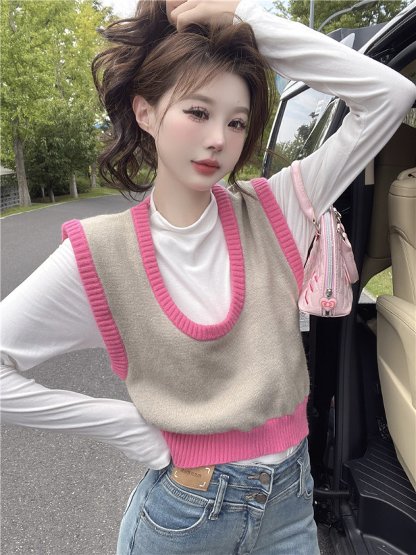 New Autumn and Winter Contrast Color Vest Sweater Women's Loose Slim Waistcoat Vest Two-piece Short Set