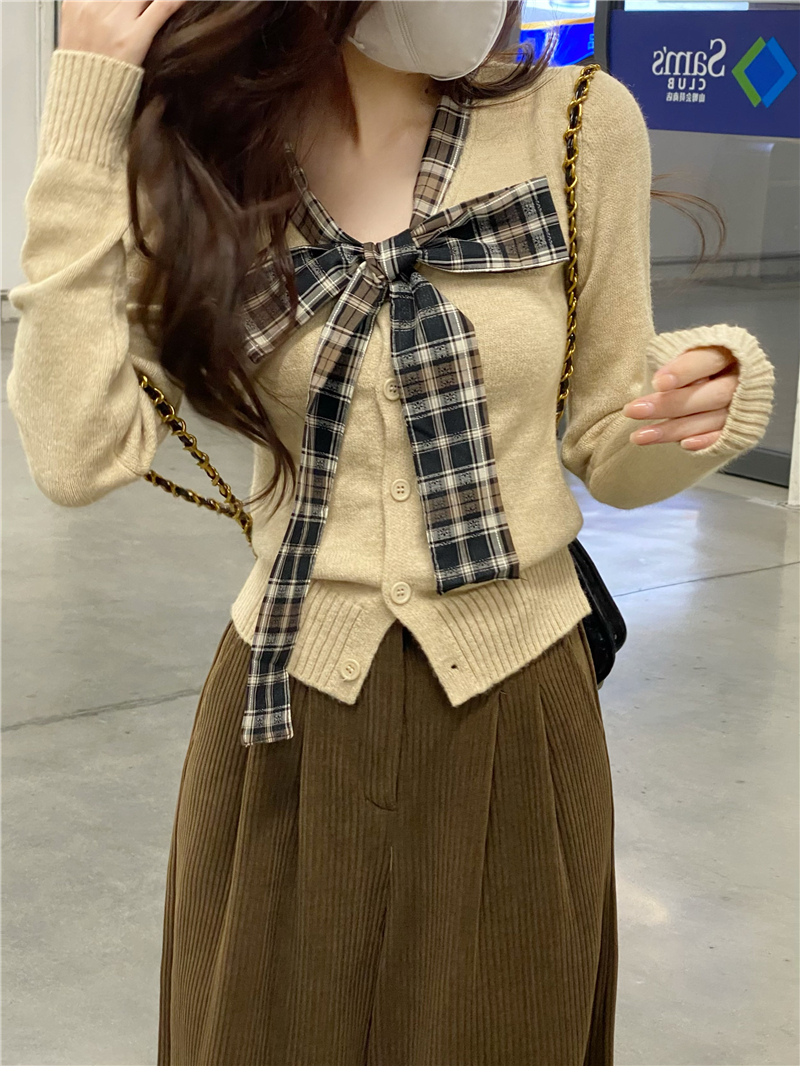 Actual shot of designer bow-tie knitted cardigan women's niche chic soft waxy long-sleeved top
