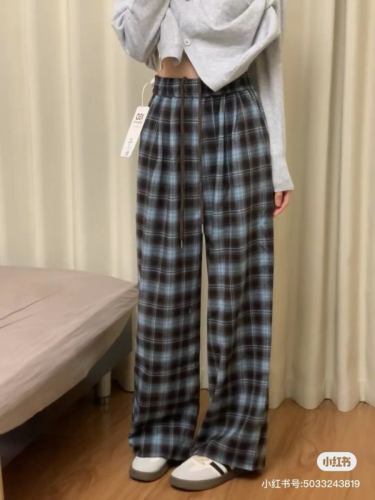 Original 430g brushed plaid drape casual pants for women high waist slimming wide leg floor mopping pants