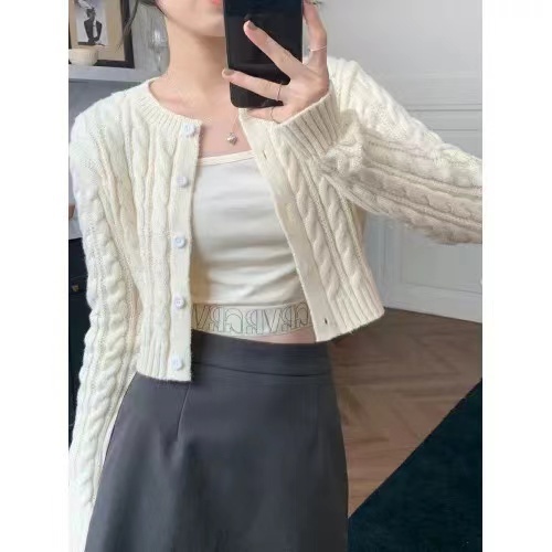 Hot girl solid color versatile round neck high waist short twist knitted cardigan jacket top