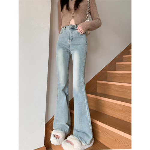 Spring and autumn velvet high-quality fashionable boot-cut trousers for slimming and slimming, washed blue mid-high waist jeans