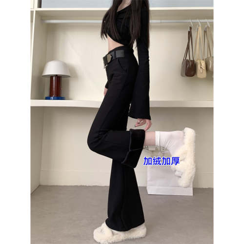 Live shot! Tailored suit-style, lightweight, high-waisted, lined, thick, casual, long pants with design sense, slimming, bell-bottomed long pants