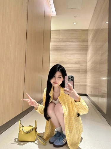 Yellow loose casual plaid shirt for women summer Korean style lazy style shirt long sleeve thin sun protection jacket