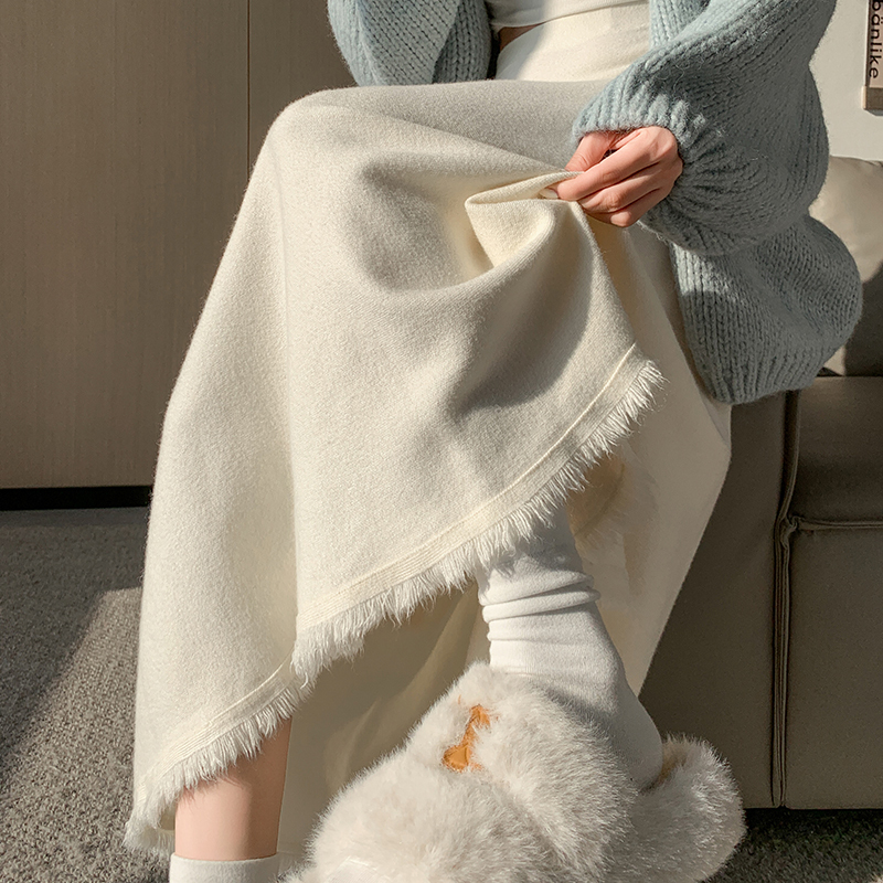 Knitted skirt women's autumn and winter new style elastic waist drape large swing umbrella skirt slimming high waist mid-length skirt