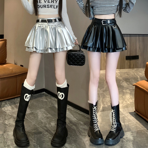 Millennial American Hot Girl Silver PU Leather Skirt Autumn and Winter High Waist A-Line Skirt Pleated Cake Skirt