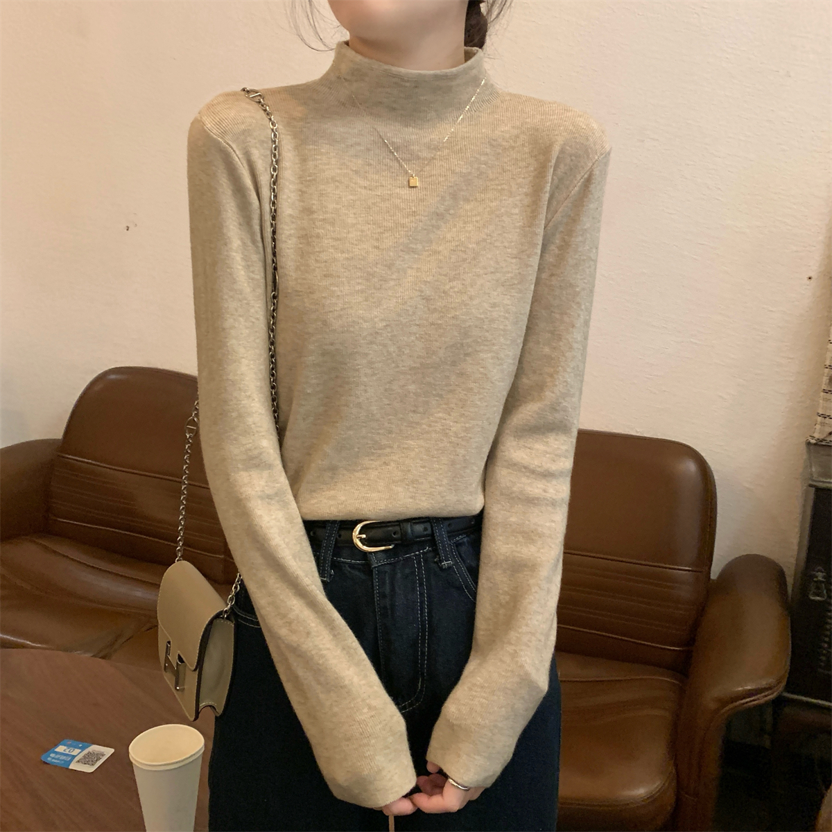 Photographed Korean-style solid color half-high collar innerwear Andi velvet versatile knit base sweater for women