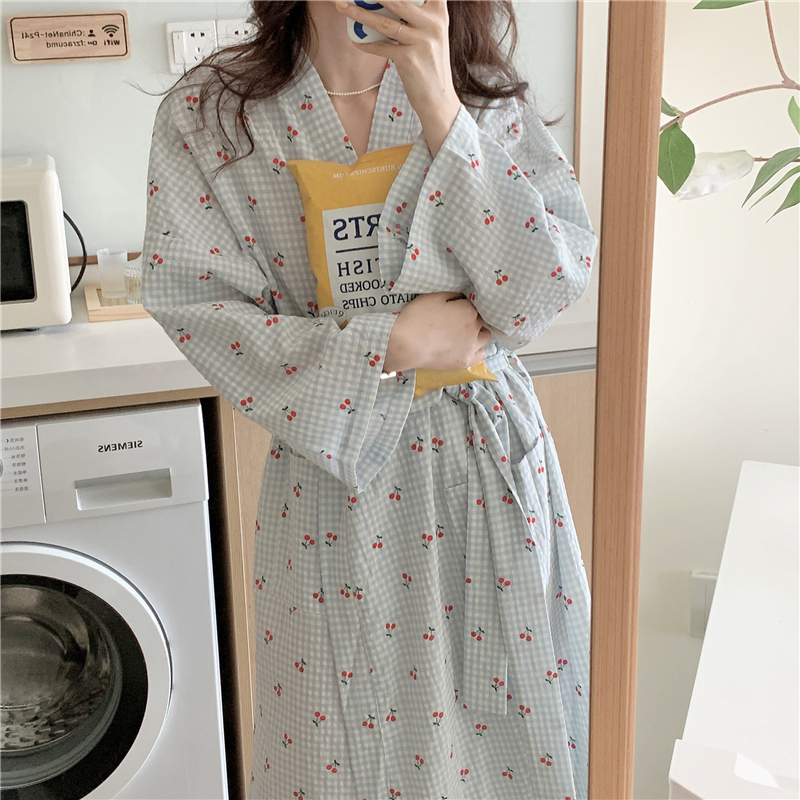 Cherry plaid nightgown for women autumn pure cotton cute bathrobe long kimono ins pajamas home clothes