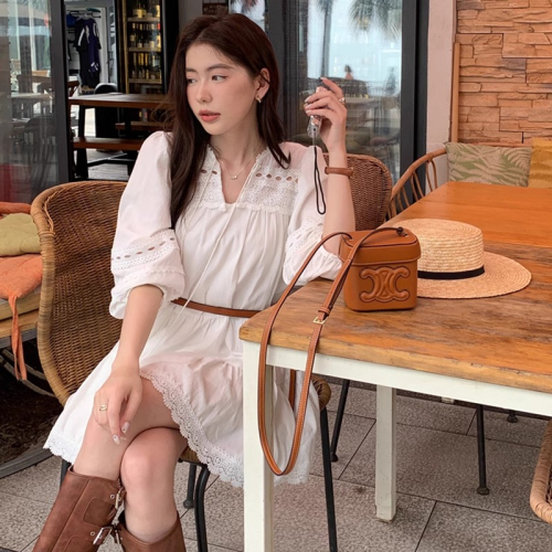 French white puff sleeve shirt dress for women 2024 new spring and summer long-sleeved Yunnan travel wear