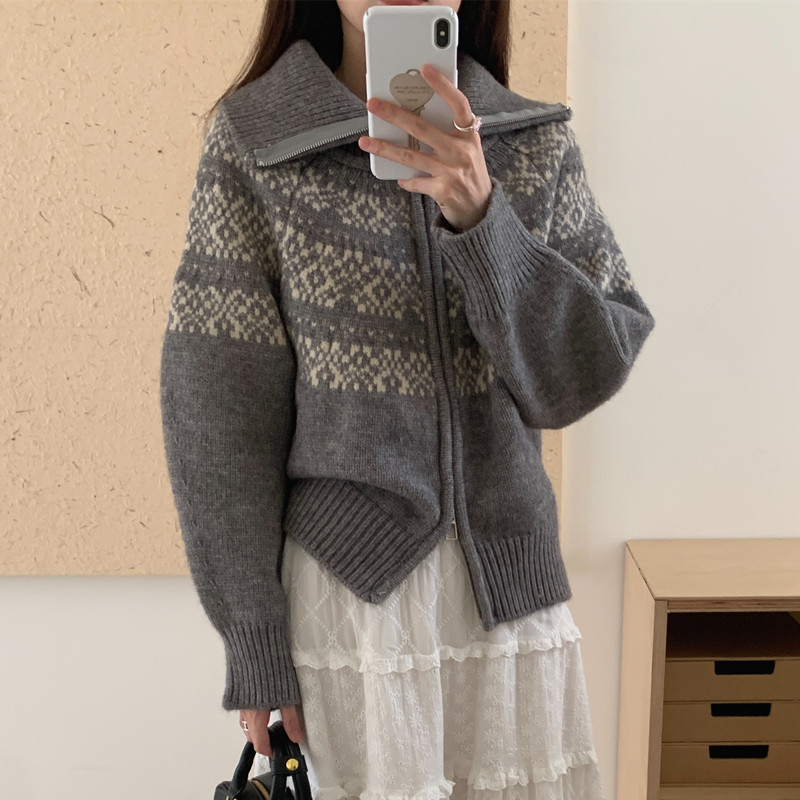 實拍 費爾島提花拉鏈針織開衫翻領毛衣短款外套女上衣