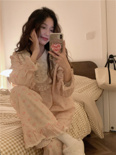 Autumn retro palace style sweet girly floral lace long-sleeved home wear pajamas set