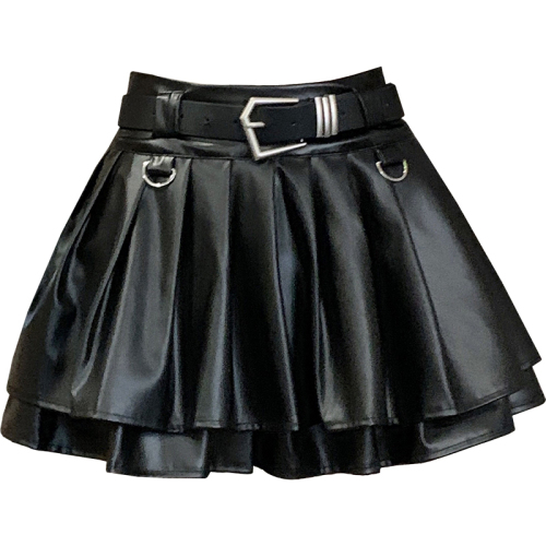 Millennial American Hot Girl Silver PU Leather Skirt Autumn and Winter High Waist A-Line Skirt Pleated Cake Skirt