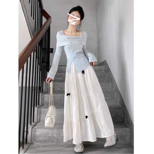 Early Autumn French Blue Long-Sleeve Bow Tie T-Shirt Women's New Petite Frame Elegant Youthful Half Body Skirt Set