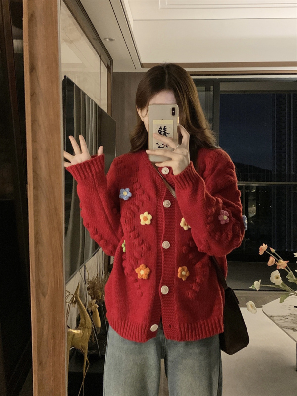 Plus size women's spring and autumn fat sister red flower three-dimensional knitted sweater cardigan top jacket