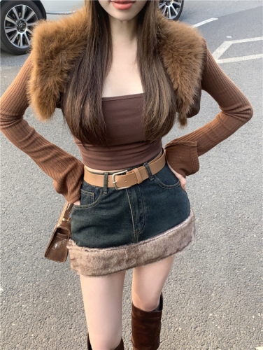 Real shot!  Women's furry hem short skirt autumn and winter high waist hip-covering denim skirt pants with belt