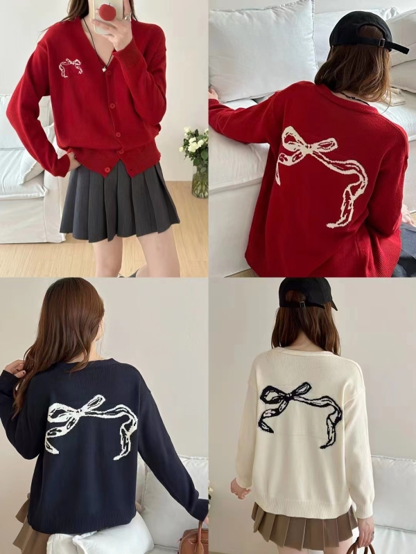 Red bow sweater cardigan for women autumn and winter 2024 spring and autumn new loose jacquard v-neck wool top jacket