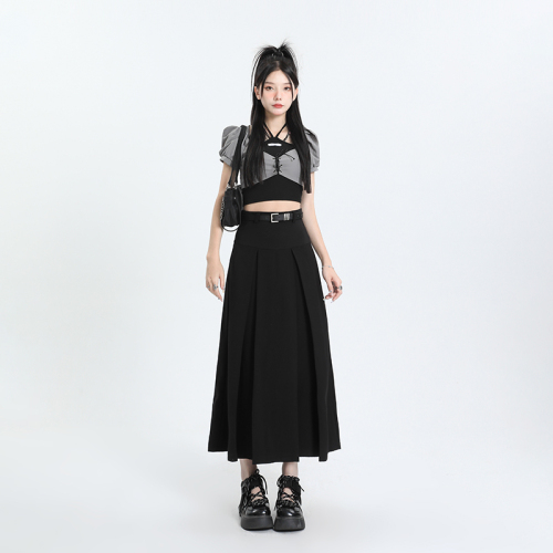 Black pleated suit skirt for women autumn new high-waist drape two-wear mid-length a-line umbrella skirt