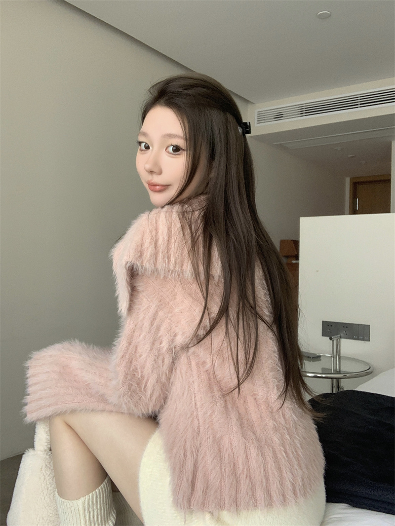 實拍 馬海毛娃娃領開衫針織外套女秋慵懶風軟糯加厚外穿毛衣