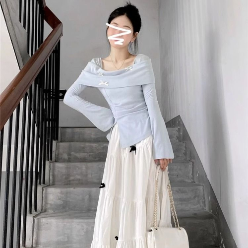 Early Autumn French Blue Long-Sleeve Bow Tie T-Shirt Women's New Petite Frame Elegant Youthful Half Body Skirt Set