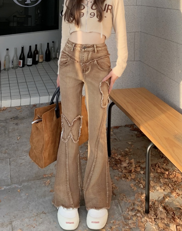 Design niche butterfly stitching khaki bootcut jeans women's stretch flared long pants