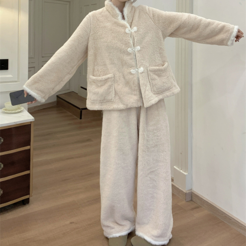 Coral velvet pajamas winter flannel national style antique plus velvet thickened long-sleeved home clothes