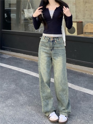 Real shot!  American retro straight jeans for hot girls, new style loose and versatile floor mopping pants