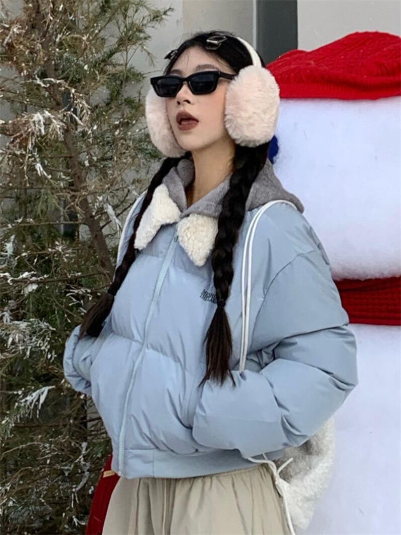 American sweet and cool style lamb wool spliced ​​lapel short cotton coat for women winter new cold-proof thickened bread coat