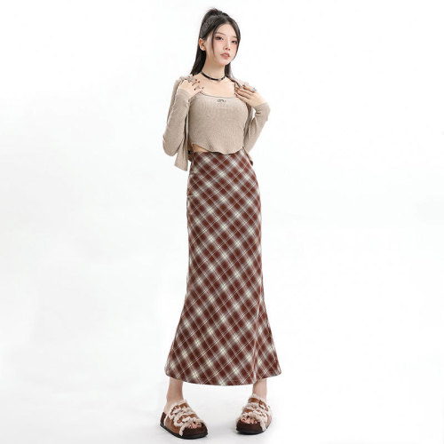 Retro plaid fishtail skirt women's autumn and winter high-waist slimming A-line hip-hugging temperament long skirt