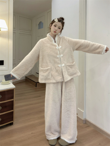 Coral velvet pajamas winter flannel national style antique plus velvet thickened long-sleeved home clothes