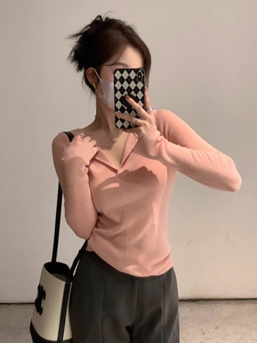 New autumn and winter solid color small lapel sheep wool sweater for women, comfortable and soft bottoming shirt