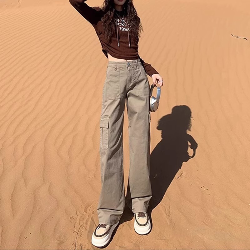 New khaki workwear pants for fat mm women, plus size, slimming, pear-shaped body, high-waisted straight pants