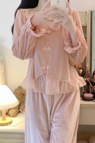 Autumn and winter gold velvet sweet and cute palace style home clothes national style new Chinese style pajamas set for women