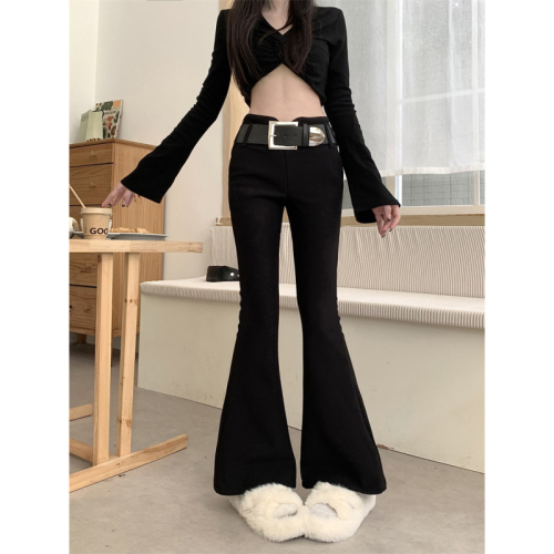Live shot! Tailored suit-style, lightweight, high-waisted, lined, thick, casual, long pants with design sense, slimming, bell-bottomed long pants