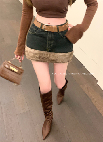 Real shot!  Women's furry hem short skirt autumn and winter high waist hip-covering denim skirt pants with belt