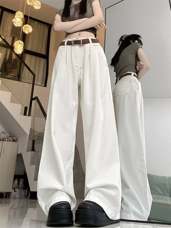 American high-street khaki wide-leg jeans, loose, straight, high-waisted, pear-shaped, slim and drapey, trendy design, niche