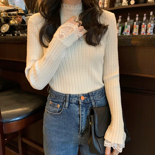 Lace bottoming shirt for women in autumn and winter, half turtleneck slim fit sweater, apricot long-sleeved sweater top