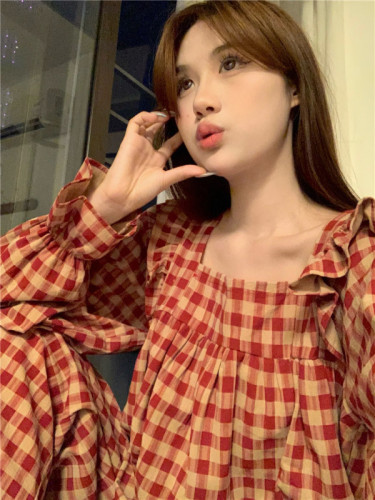 Korean style cotton plaid ins loose casual outer wear autumn and winter long-sleeved home wear suit dress