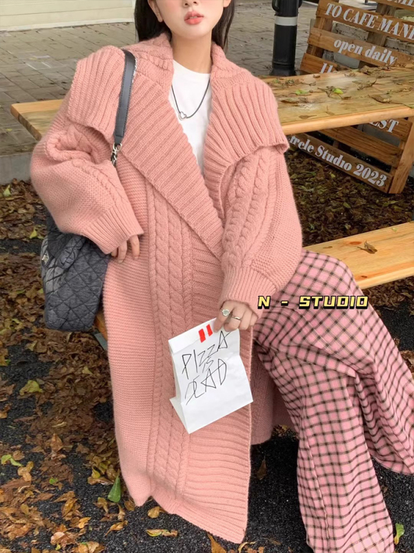 Lapel sweater coat women's cardigan autumn and winter new style lazy style long loose thickened knitted coat for outer wear