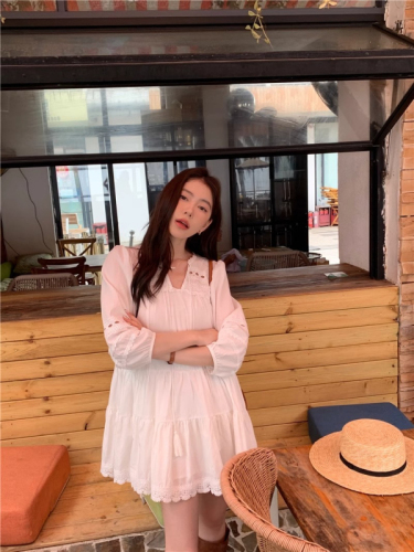 French white puff sleeve shirt dress for women 2024 new spring and summer long-sleeved Yunnan travel wear