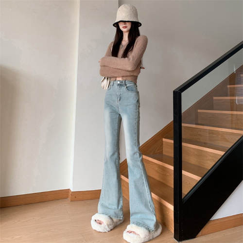 Spring and autumn velvet high-quality fashionable boot-cut trousers for slimming and slimming, washed blue mid-high waist jeans