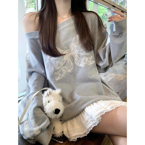 Korean version of foreign trade Chinese cotton composite white water for women butterfly girl gray sweatshirt for women with loose lace