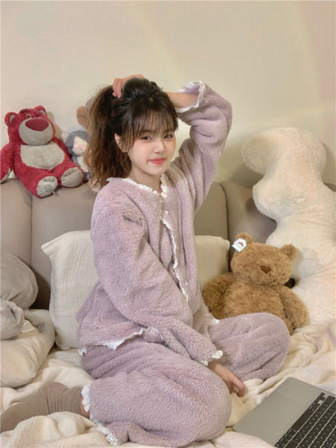 Romantic aromatherapy purple flannel winter home wear thickened pajamas set