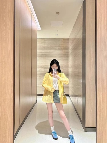 Yellow loose casual plaid shirt for women summer Korean style lazy style shirt long sleeve thin sun protection jacket