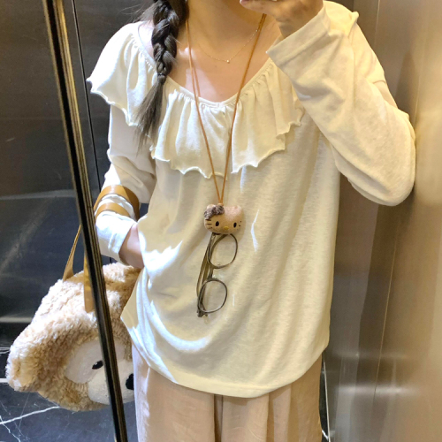 Snowflake linen petals one-line collar long-sleeved T-shirt off-shoulder ruffled autumn new slim design top