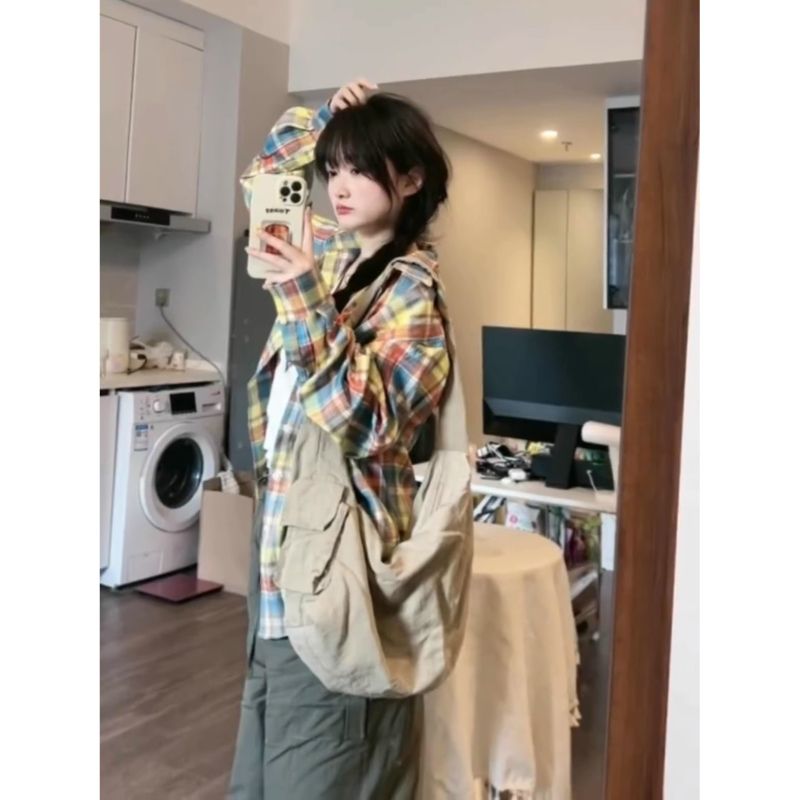 Already shipped plaid shirt jacket for women spring and autumn new style lazy style boyish sun protection shirt trendy