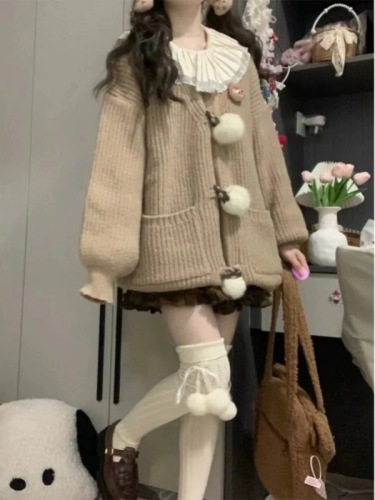 College style sweet solid color horn button fur ball cardigan sweater for women